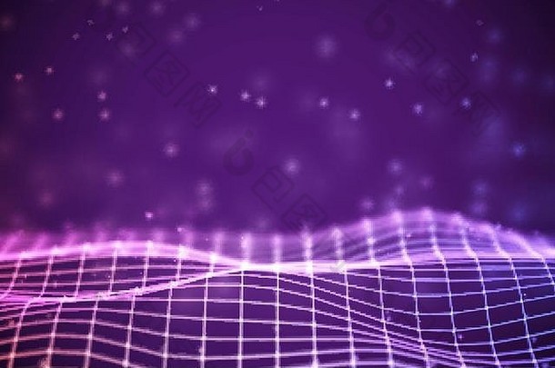 虚拟现实概念紫色的数字线框网格浮动粒子