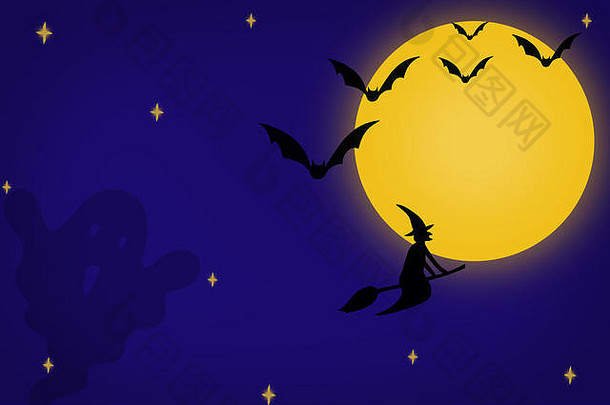 万圣节晚上咻月亮星星蝙蝠鬼女巫