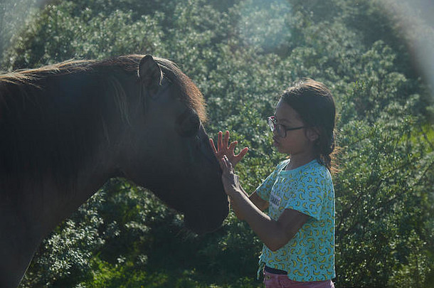 可爱的年轻的亚洲女孩明亮的夏天阳光站场包围野生马抚摸马头