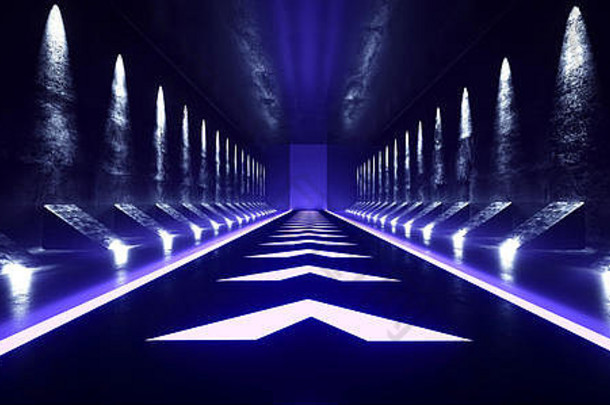 空难看的东西混凝土sci未来主义的黑暗外星人宇宙飞船大厅隧道走廊领导激光箭头形状的地板上灯发光的充满活力的蓝色的虚拟