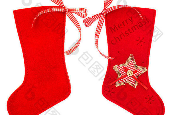 红色的圣诞节长袜圣诞老人礼物孤立的白色背景冬天假期象征