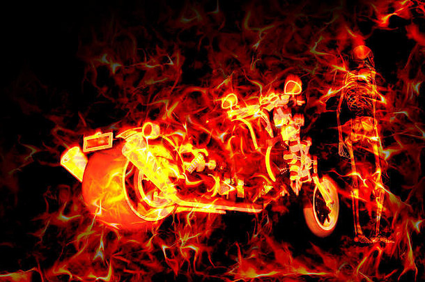 激烈的燃烧摩托车骨架火焰黑暗背景呈现