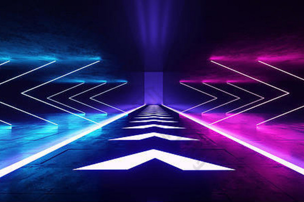 空霓虹灯荧光灯紫色的sci未来主义的黑暗外星人宇宙飞船大厅隧道走廊领导激光箭头形状的地板上灯发光的充满活力的
