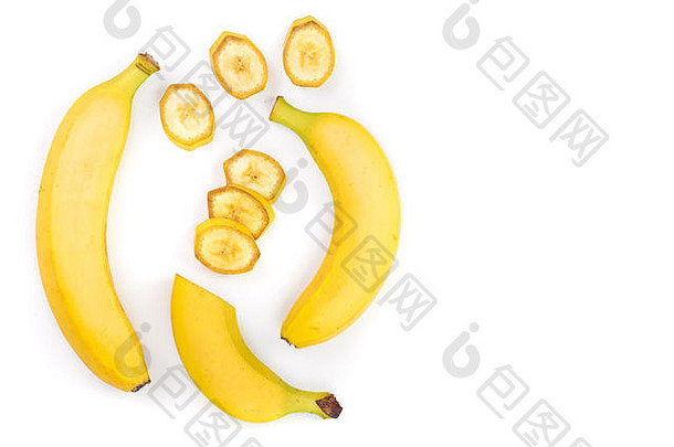 切片香蕉孤立的白色背景复制空间文本前视图平躺