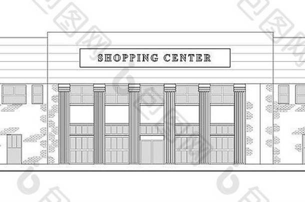 行画插图带购物中心购物中心建筑查看前面海拔高度白色背景