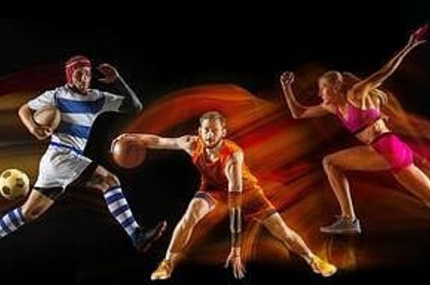 有创意的拼贴画运动员混合霓虹灯光黑色的背景摩天观景轮广告建议运动行动体育运动达到目标概念足球篮球运行跳橄榄球
