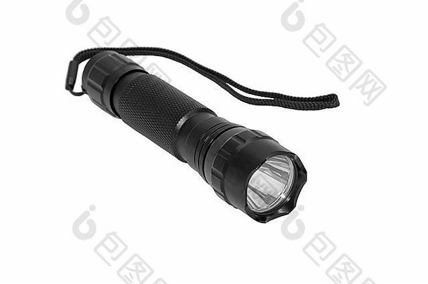 手电筒孤立的白色黑色的闪光火炬权力工具明亮的设备钢灯泡光电灯背景