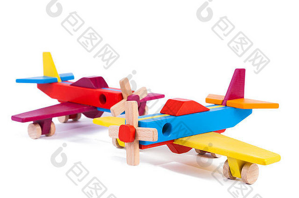 照片木多色的飞机山毛榉玩具木复古的飞机白色背景孤立的