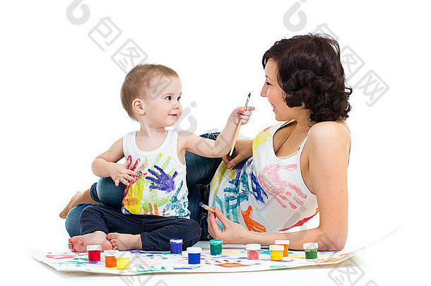 妈妈。孩子男孩画绘画