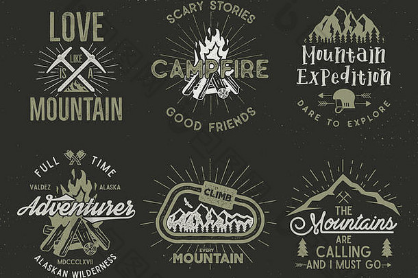 集山侦察徽章攀爬标签山探险象征古董徒步旅行轮廓标志设计元素复古的凸版印刷的风格孤立的