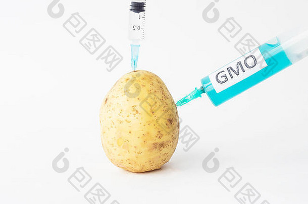 土豆白色背景注射器刺痛转基因生物硝酸盐特写镜头基因修改生物