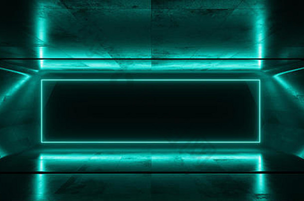 霓虹灯发光的sci激光蓝色的充满活力的黑暗矩形框架光滑的混凝土车库隧道走廊走廊背景虚拟呈现树脂