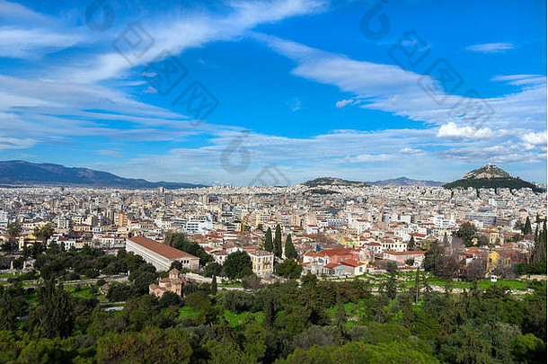 雅典希腊全景视图城市雅典有利的点最高法院山Plaka卫城