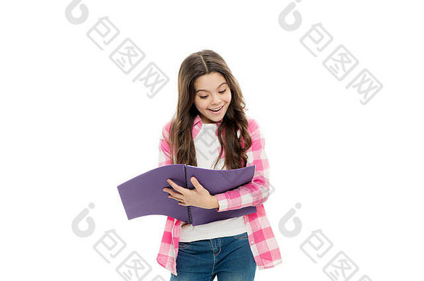 学校例程教育过程女孩写作垫可爱的小学校孩子持有开放请注意垫白色背景复制空间垫学校文具概念写作使笔记