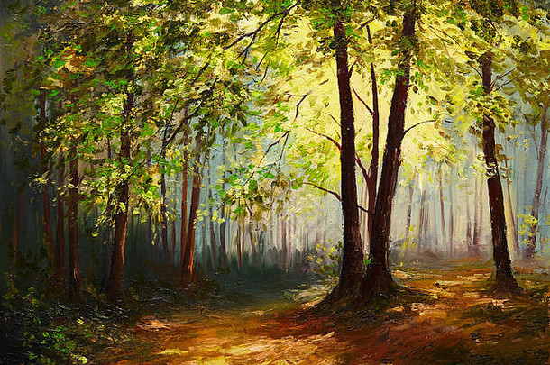石油绘画景观夏天森林色彩斑斓的摘要艺术