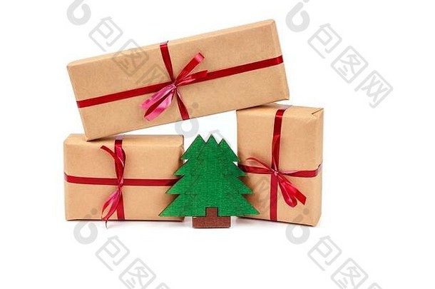 礼物盒子工艺包装纸红色的丝带孤立的