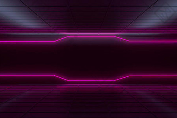 现代未来主义的高新技术黑暗房间霓虹灯发光的光管紫色的颜色空空间中间呈现插图