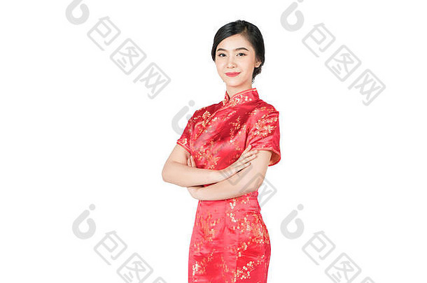 美丽的亚洲中国人女人红色的中国人衣服旗袍交叉手微笑直接相机白色背景克利皮