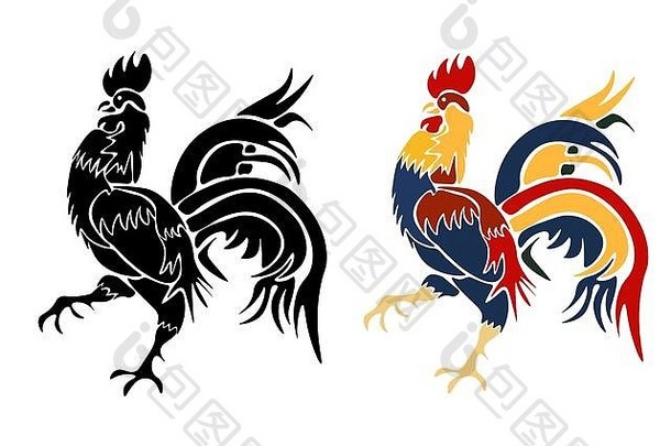 黑色的公鸡画白色背景孤立的激烈的红色的公鸡插图