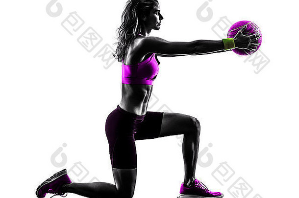 高加索人女人锻炼医学球健身工作室轮廓孤立的白色背景