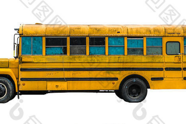 孤立的垃圾被遗弃的美国黄色的公共学校公共汽车