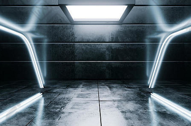 虚拟黑暗空宇宙飞船外星人光滑的反光混凝土霓虹灯发光的荧光蓝色的充满活力的优雅的行形状的灯网络现实sci