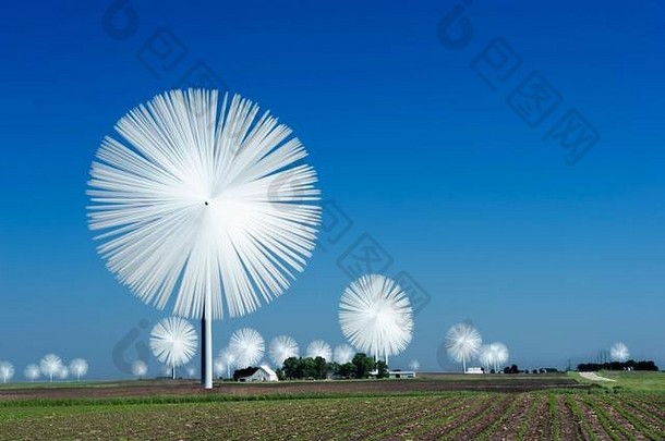 农业风堆放图像风涡轮机高耸的农场安静的农村区域夏天