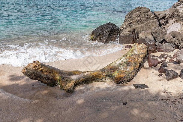 圣文森特格林纳丁斯群岛蓝色的环礁湖海滩浮木<strong>岩</strong>石