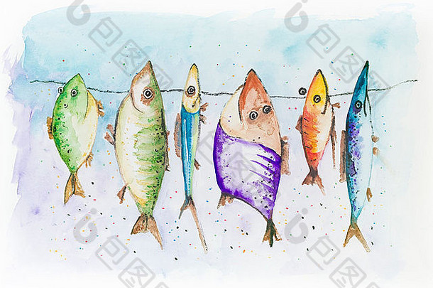 有趣的鱼鲭鱼聊天减少游泳海手工制作的水彩
