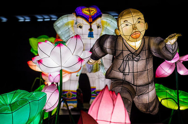色彩斑斓的灯笼装饰清溪川流莲花灯笼节日首尔韩国