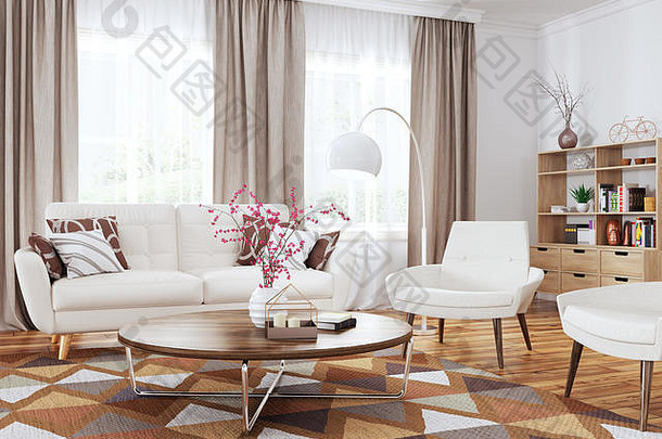 现代室内生活房间白色沙发扶手椅咖啡表格呈现