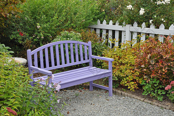 紫色的木花园板凳上晚些时候季节