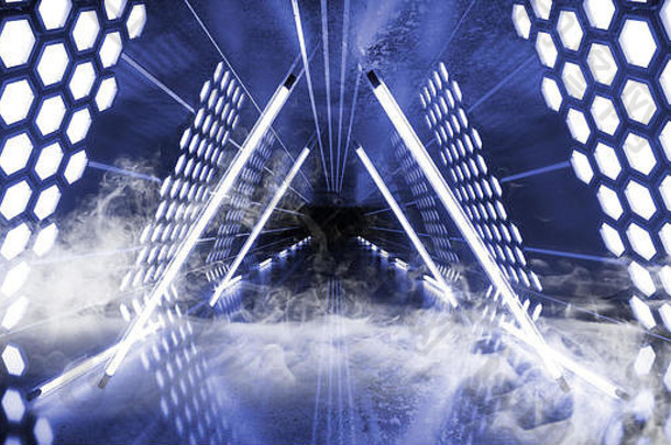 烟六角灯霓虹灯领导激光发光的<strong>蓝色</strong>的白色充满活力的虚拟现实三角形形状的<strong>隧道</strong>sci未来主义的反射荧光工作室