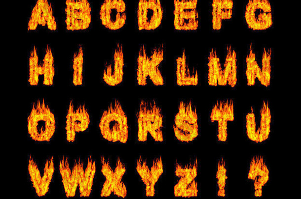 集燃烧拉丁字母信艺术字体。数字插图孤立的黑色的背景