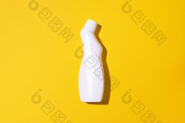 白色塑料瓶清洁产品家庭化学物质液体洗衣洗涤剂黄色的背景前视图平躺复制空间洗涤剂瓶