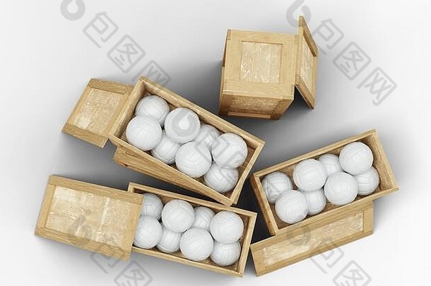 前视图木运输盒子打开完整的排球球白色背景