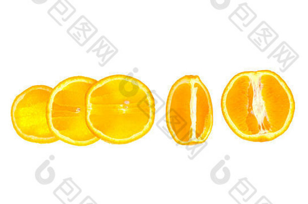 集新鲜的减少橙色片孤立的白色背景
