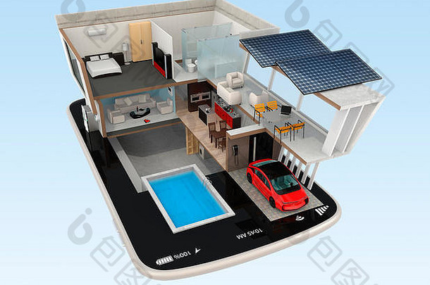 聪明的房子聪明的电话聪明的房子equippd太阳能面板能源储蓄电器存储电池系统