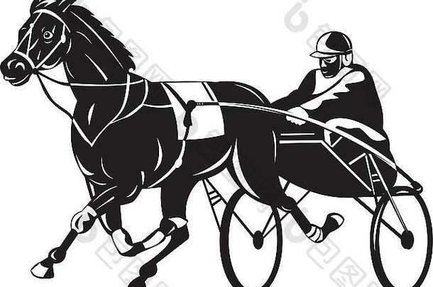 插图马骑师利用赛车孤立的白色背景复古的风格