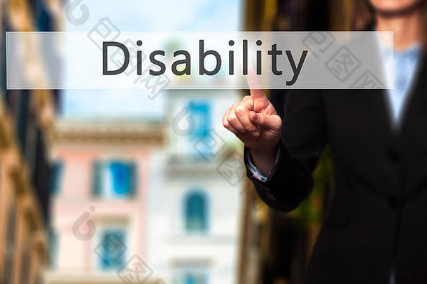 残疾业务女人点手指推触摸屏幕紧迫的数字虚拟按钮业务技术互联网概念股票照片