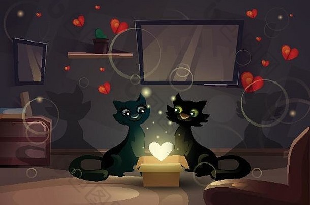 情人节一天礼物卡假期猫夫妇心形状闪亮的爱