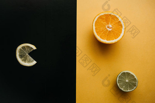 柑橘类黑色的黄色的背景片柠檬橙色石灰谎言很多水果维生素健康的零食