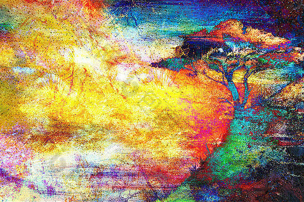 绘画日落海树壁纸景观颜色拼贴画