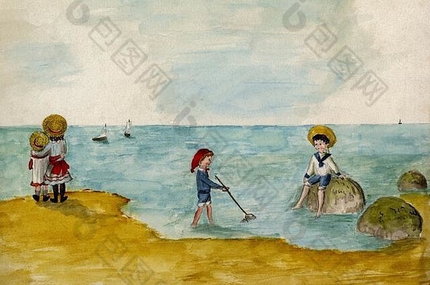 维多利亚时代海边假期扫描原始水彩画chatteris费雪孩子