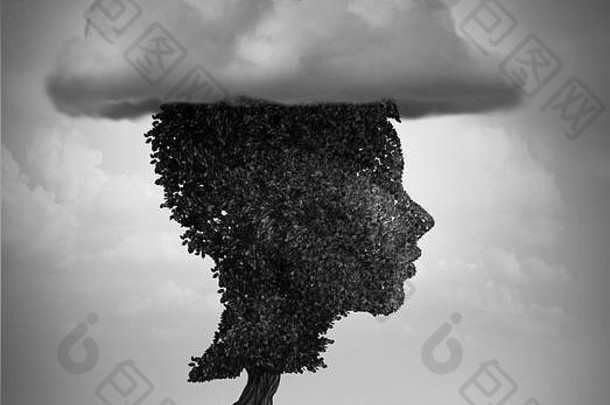 心理学孩子抑郁症童年悲伤概念deprerssed孩子形状的树云心理