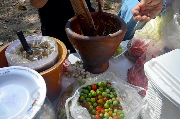 泰国人烹饪泰国厨房喜欢断续器泰国食物水果辣的木瓜沙拉腌鱼火鸡浆果茄属植物门