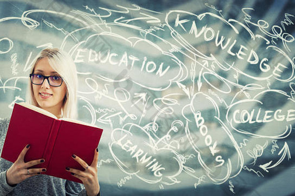 年轻的女人学生穿眼镜持有书规划未来教育过程设置目标的想法草图背气