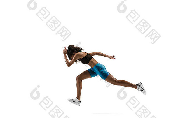 年轻的非洲女人运行孤立的白色工作室<strong>背景</strong>女跑步者慢跑者轮廓慢跑运动员