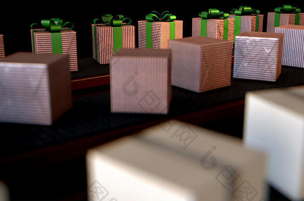 渲染生产行圣诞节礼物盒子不同阶段包装输送机腰带