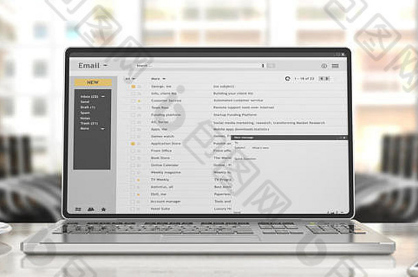 电子邮件列表移动PC屏幕孤立的桌子上办公室背景插图